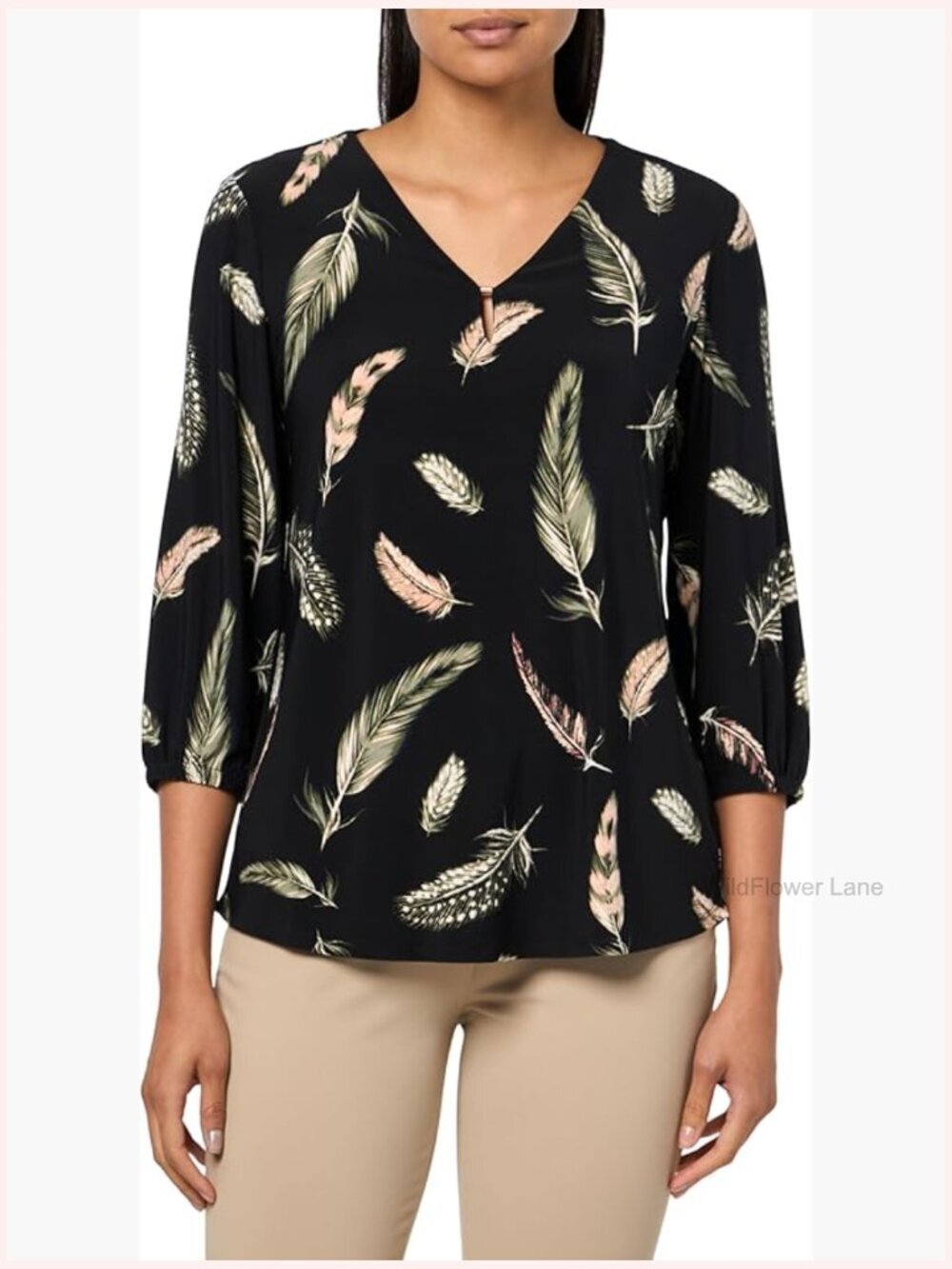 3/4 Sleeve V-Neck Printed Jersey Tunic Top Stretch